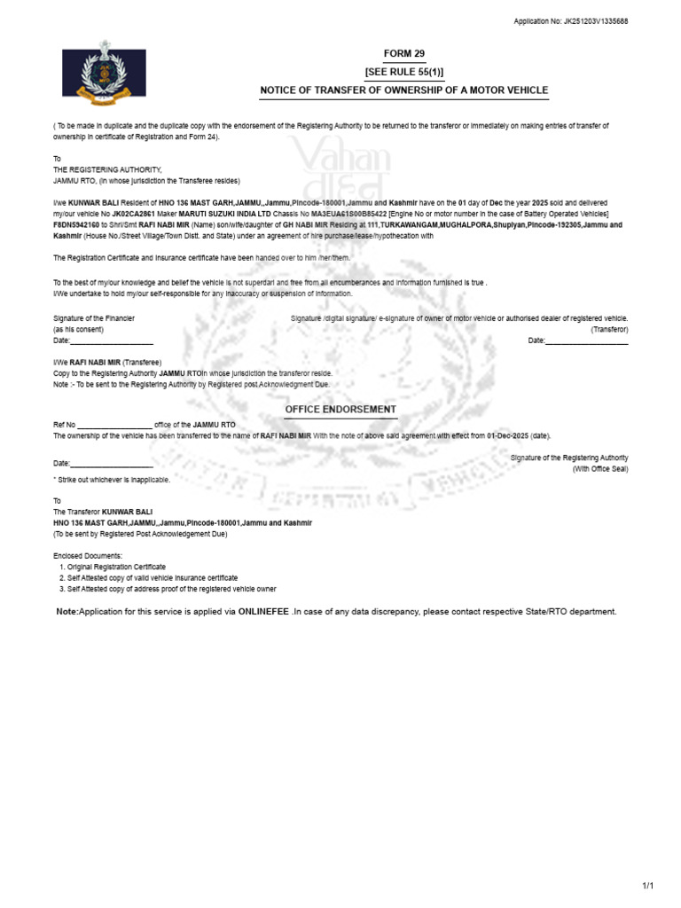 Motor Vehicle Ownership Transfer Notice | PDF | Transport | Vehicles