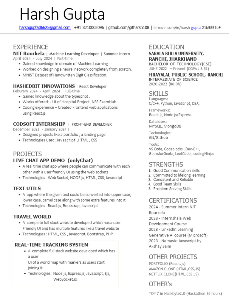 Harsh Gupta: Machine Learning & Web Dev Resume | PDF | Java Script ...