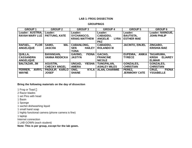 Frog Dissection Lab Group Materials | PDF
