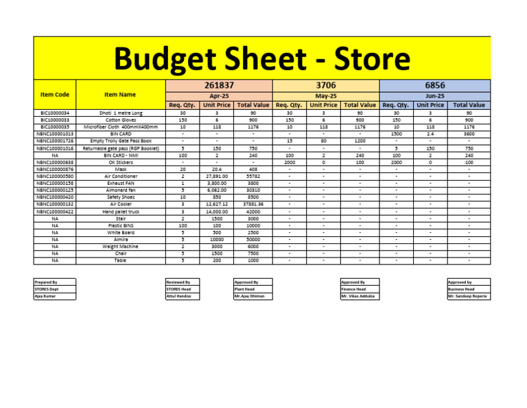 Budget Sheet Q1 STORES Dept | PDF
