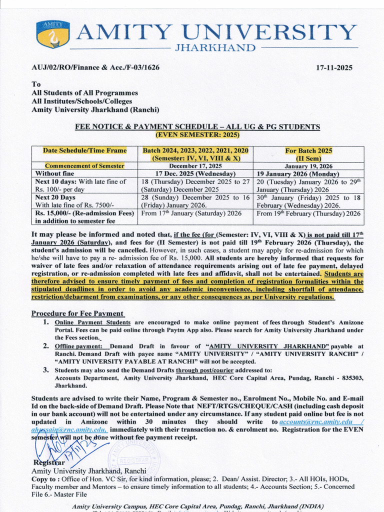 Fees Notice & Payment Schedule Even Semester 2025 | PDF