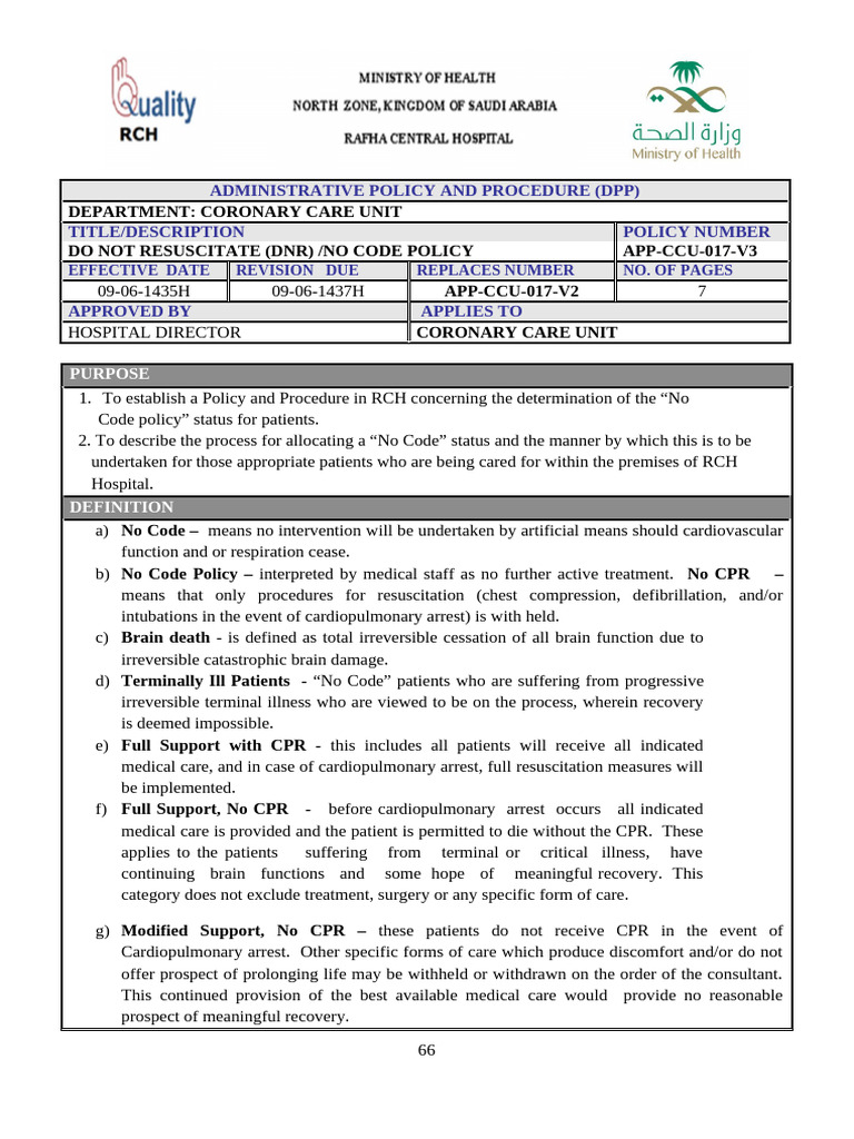 DNR/No Code Policy for Coronary Care Unit | PDF | Cardiopulmonary ...