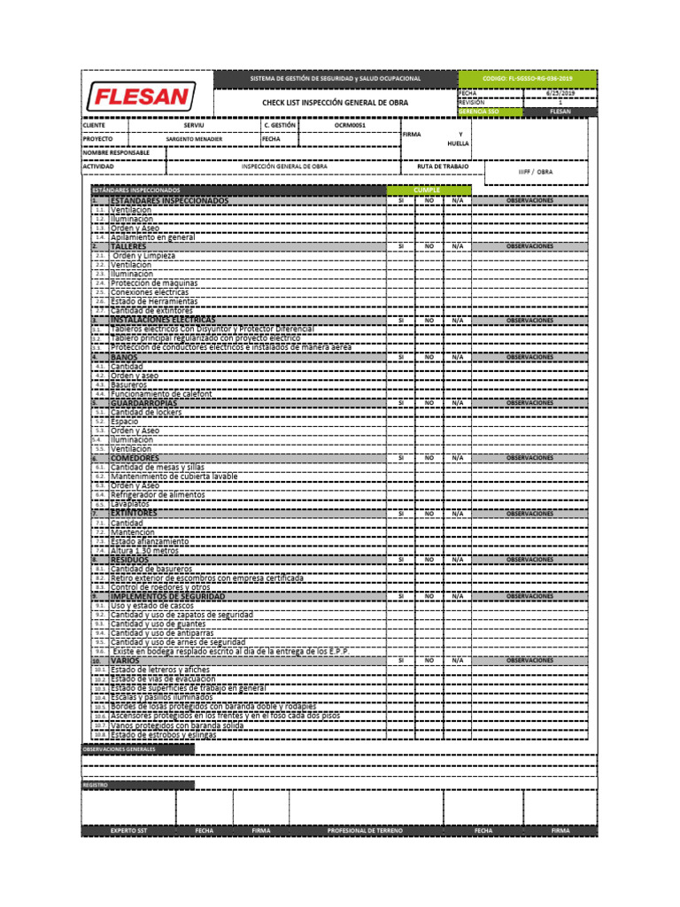 FL-SGSSO-RG-036-2019 Check List Inspección General de Obra. | PDF