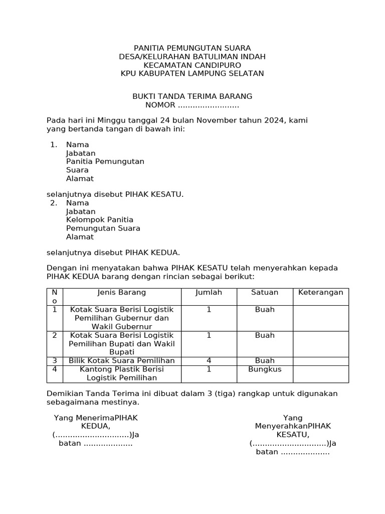 Template Bukti Tanda Terima Barang Tps 1 Kel Batuliman Indah Kec ...