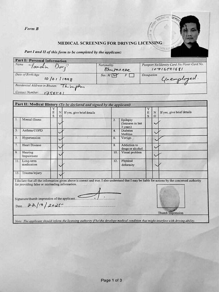 Medical Screening Form | PDF