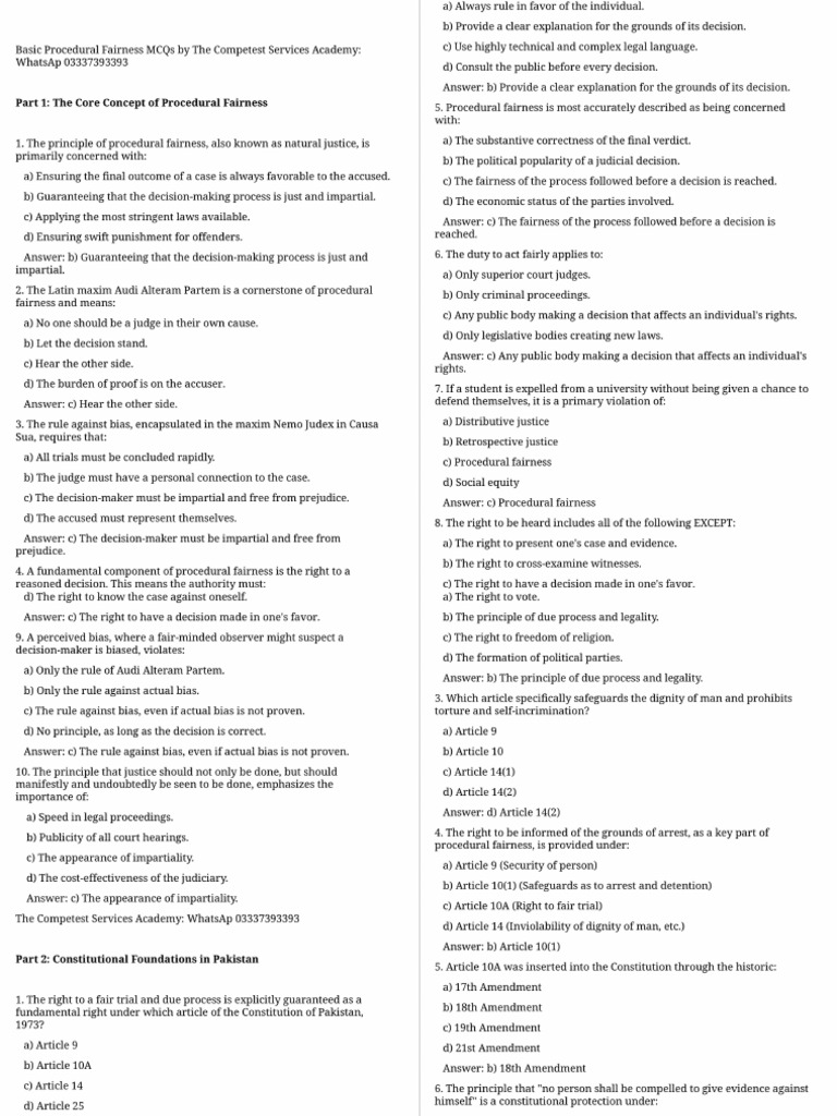 Basic Procedural Fairness MCQs Notes Print | PDF