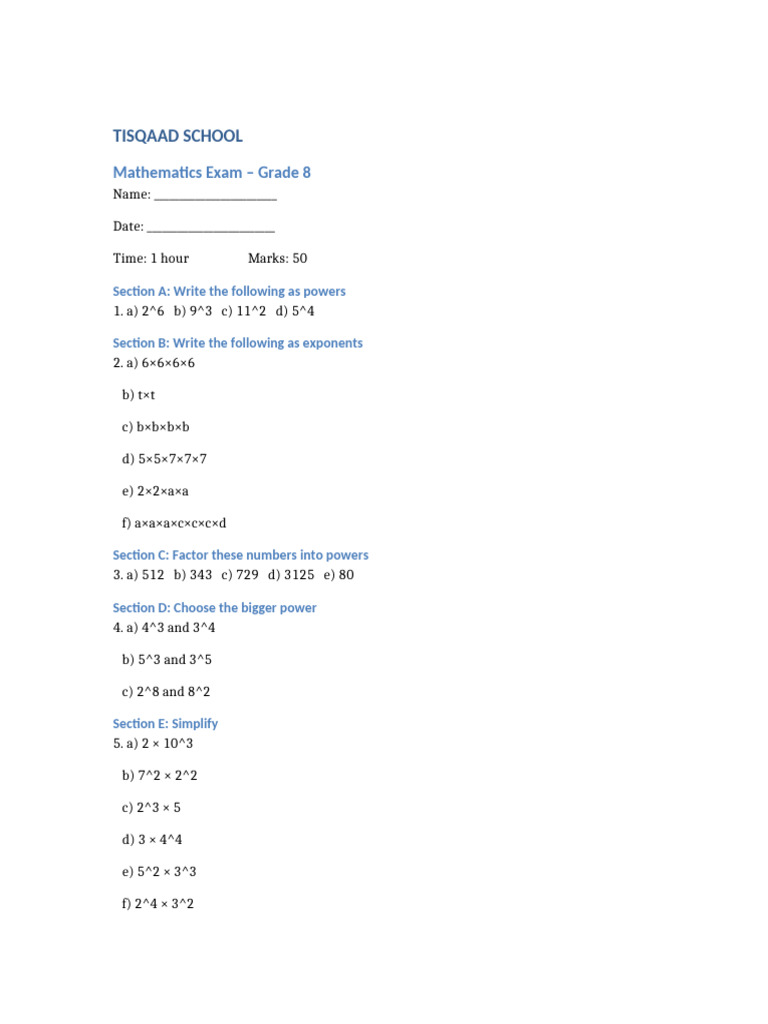 Grade 8 Mathematics Exam: Exponents & Powers | PDF