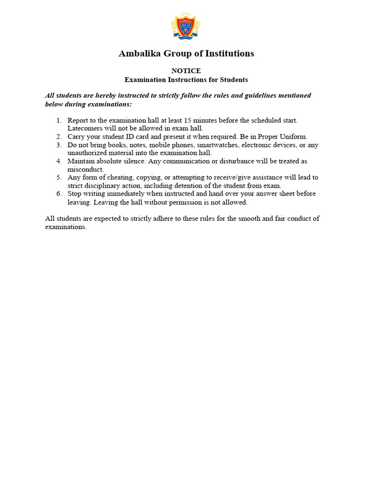Examination Instructions for Students | PDF