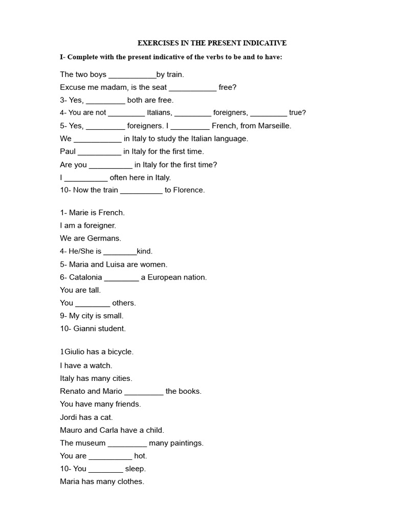 Present Indicative Verb Exercises | PDF