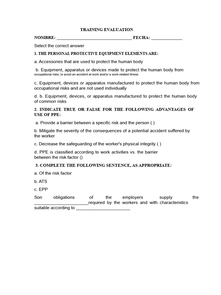 PPE Training Evaluation Questionnaire | PDF