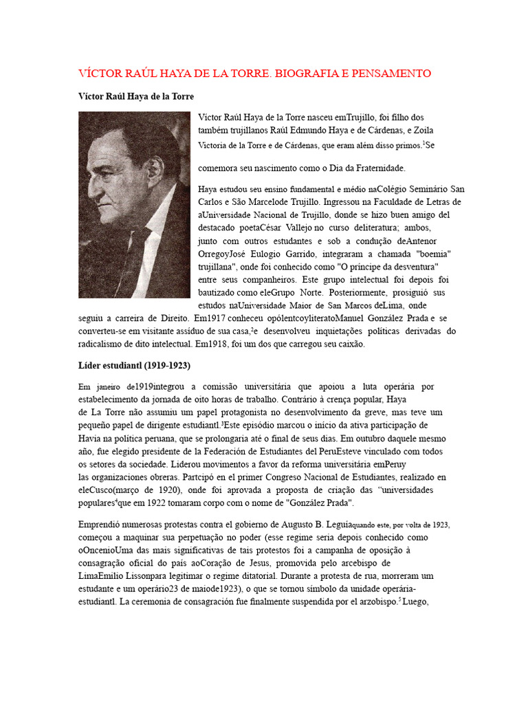 Biografia de Víctor Raúl Haya de la Torre | PDF | Peru | Eleições