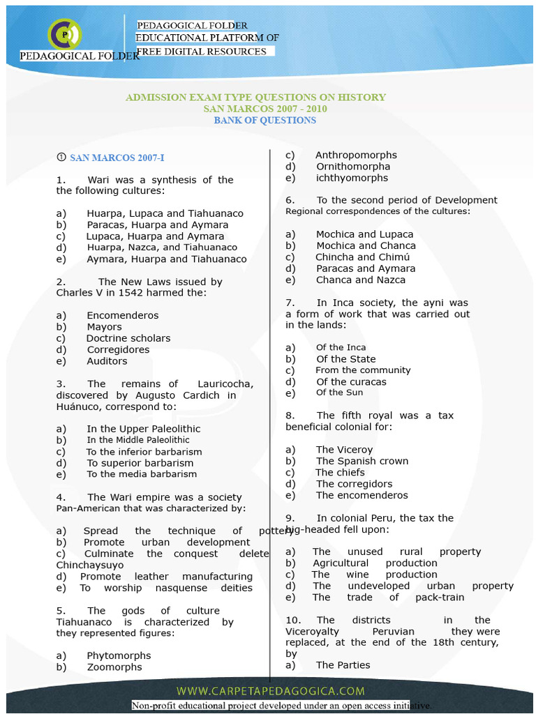 BANK OF HISTORY QUESTIONS SAN MARCOS 2007 2010.pdf PDF Peru Ecuador