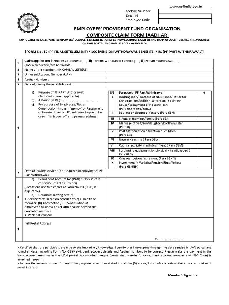 EPF Composite Claim Form (Aadhar) | PDF | Personal Finance | Financial ...
