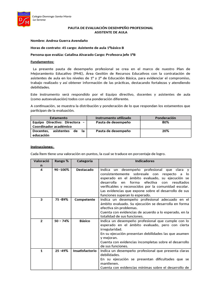 Pauta de Evaluación Desempeño Asistente de Aula | PDF | Maestros ...
