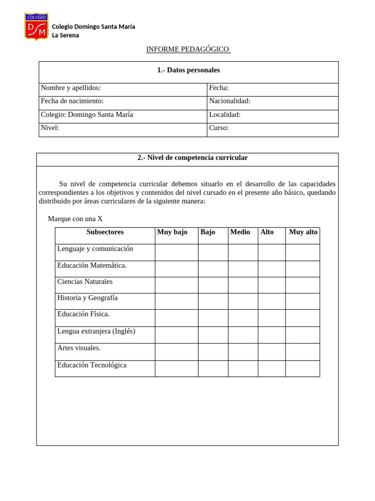 Formato Informe Pedagogico 2022 | PDF | Aprendizaje | Plan de estudios