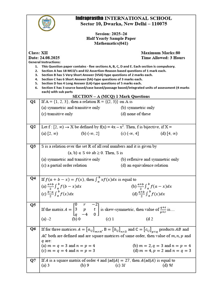 Class XII Math Half Yearly Sample Paper | PDF | Matrix (Mathematics ...