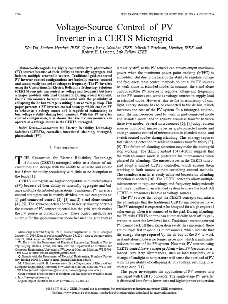 Voltage-Source Control of PV Inverter in A CERTS Microgrid | PDF ...