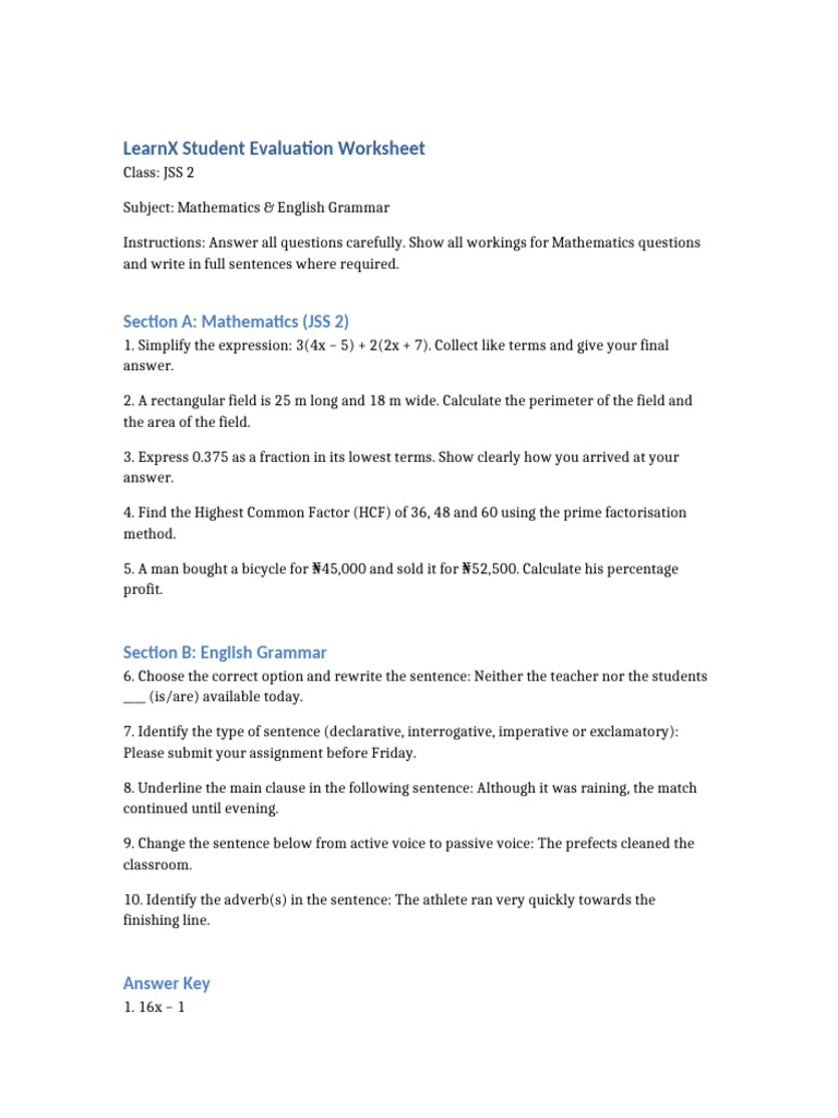 JSS 2 Math & English Evaluation Worksheet | PDF