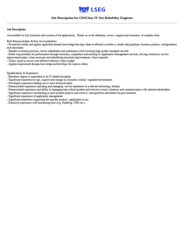 CDSClear IT Site Reliability Engineer Role | PDF