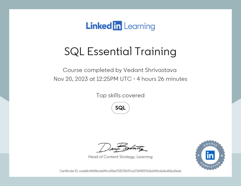 CertificateOfCompletion - SQL Essential Training | PDF
