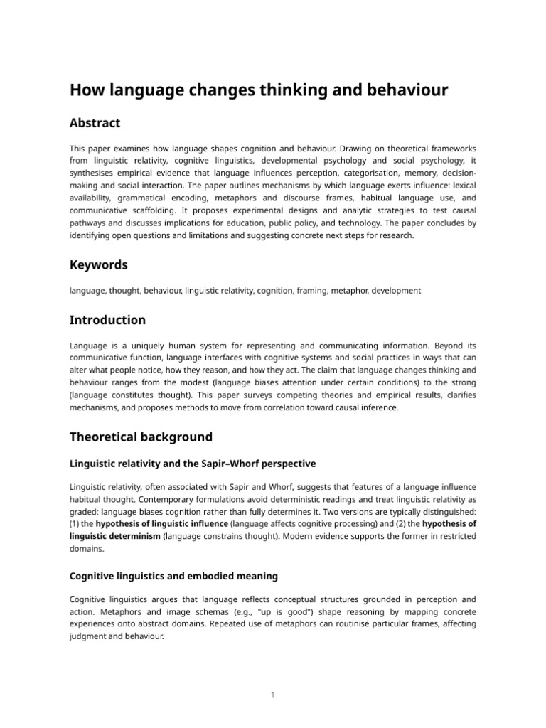 Language's Impact on Thought and Behavior | PDF | Linguistics | Cognition