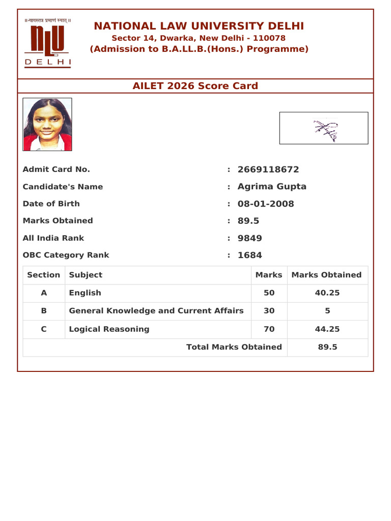 AILET 2026 Score Card for Agrima Gupta | PDF