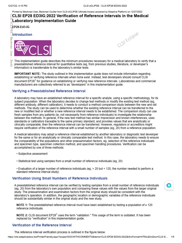 CLSI EP28 ED3IG: Reference Interval Verification | PDF | Verification ...