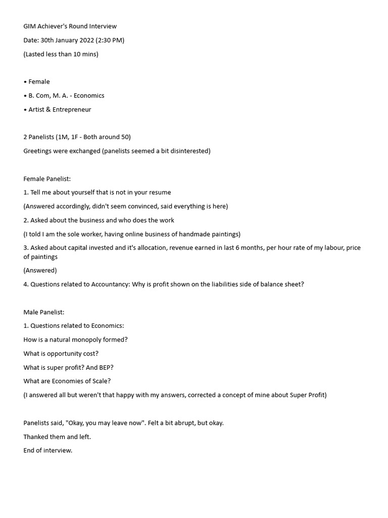 GIM Interview Experiences and Insights | PDF | Profit (Economics) | Area