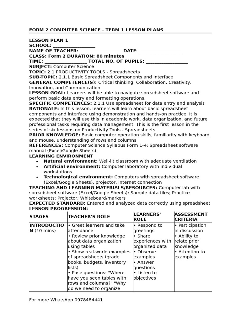 Form 2 Computer Science Lesson Plans | PDF | Spreadsheet | Lesson Plan
