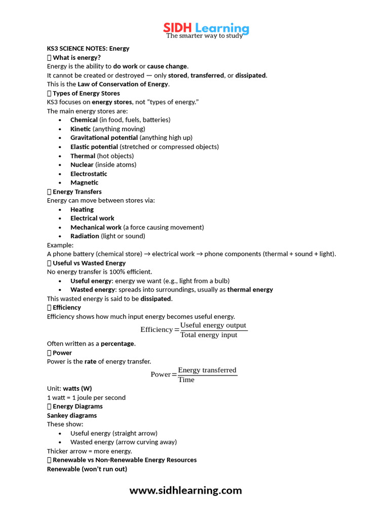 Enerygy - Ks3 Science Notes | PDF | Exergy | Potential Energy