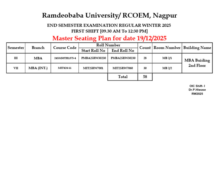 MBA Winter 2025 Exam Seating Plan | PDF