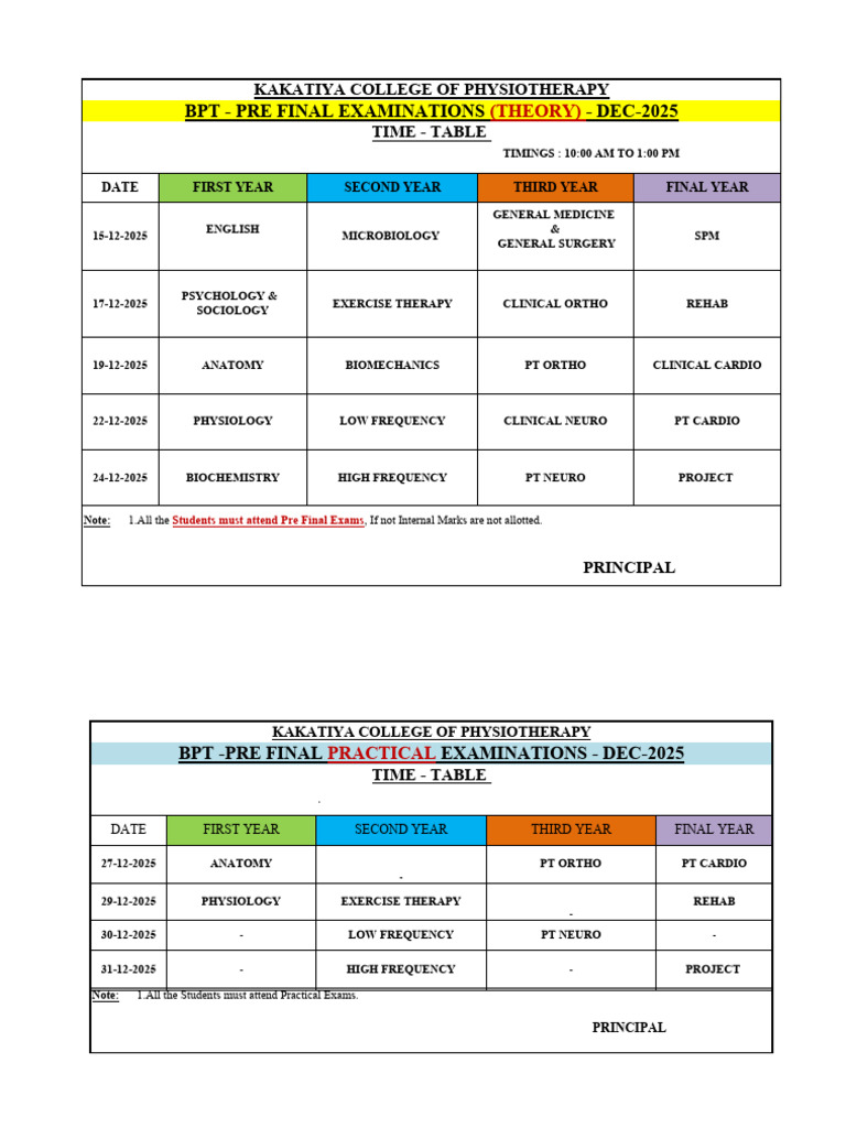 Kakatiya College BPT Exam Timetable 2025 | PDF | Physical Therapy | Biology