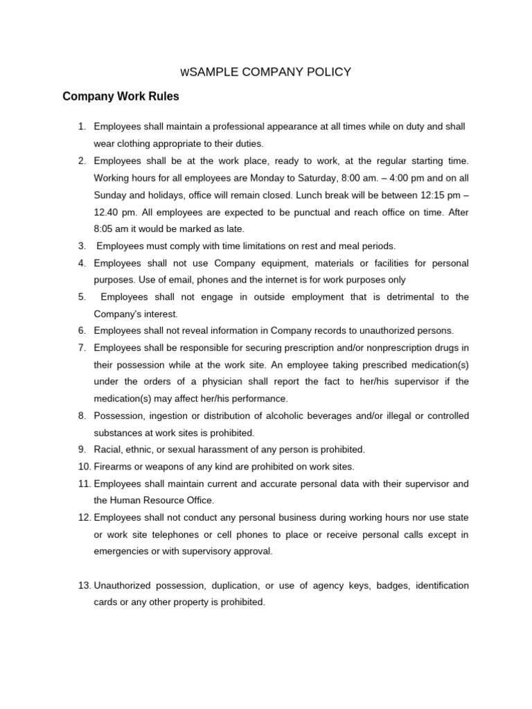 Company Work Rules and Policies Guide | PDF | Employment | Sick Leave