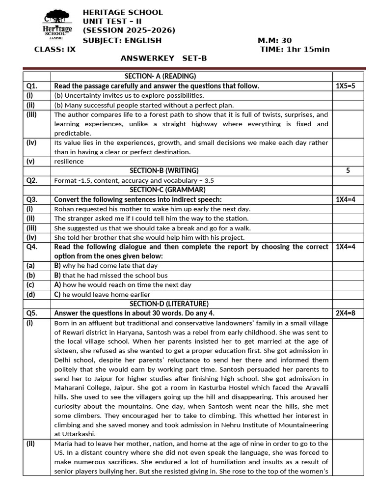 Class IX English Unit Test II Answer Key | PDF | Trees