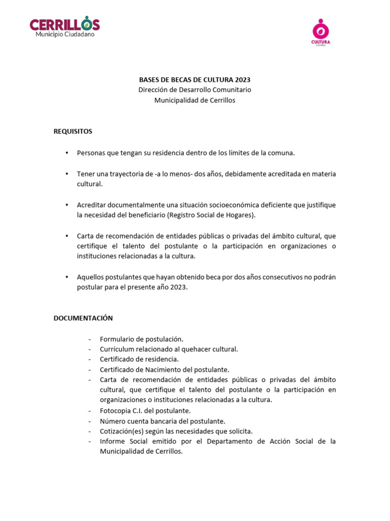 Becas de Cultura Cerrillos 2023: Requisitos y Postulación | PDF | Beca