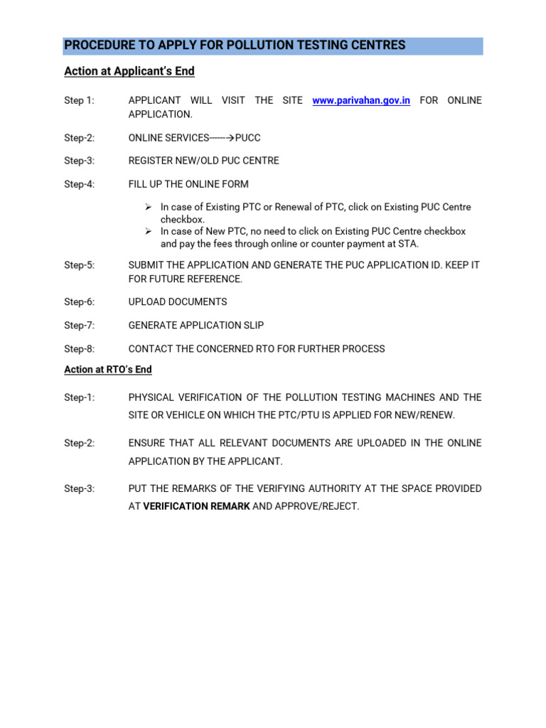 Apply for Pollution Testing Centre | PDF