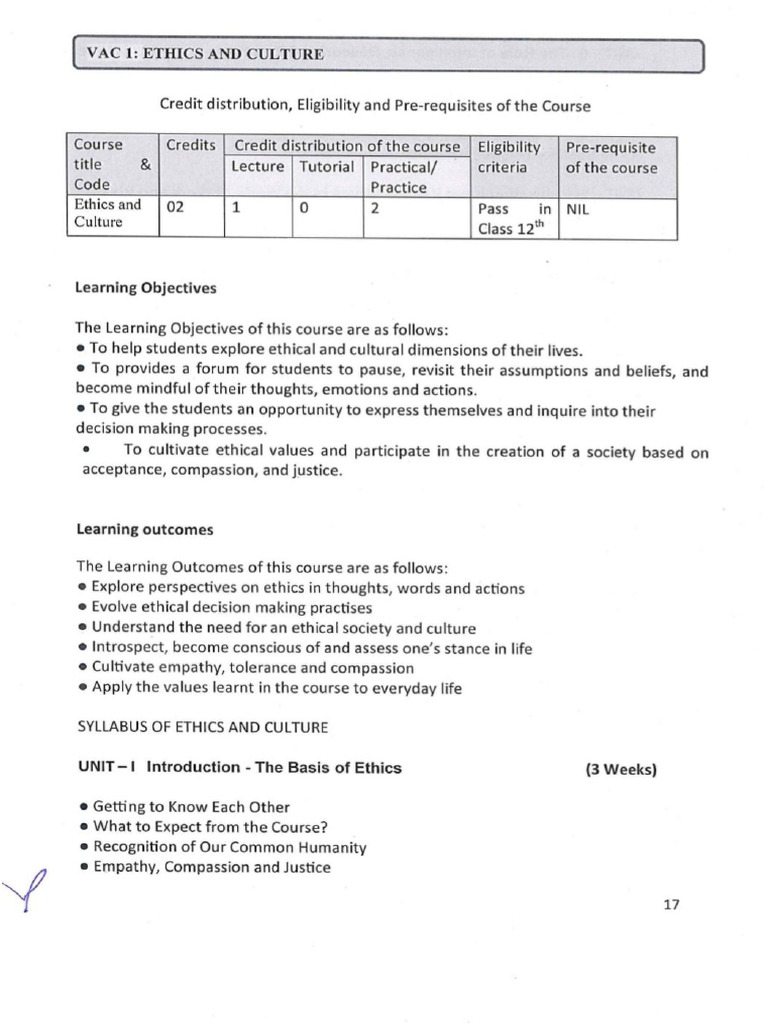 Ethics and Culture (VAC) Syllabus | PDF