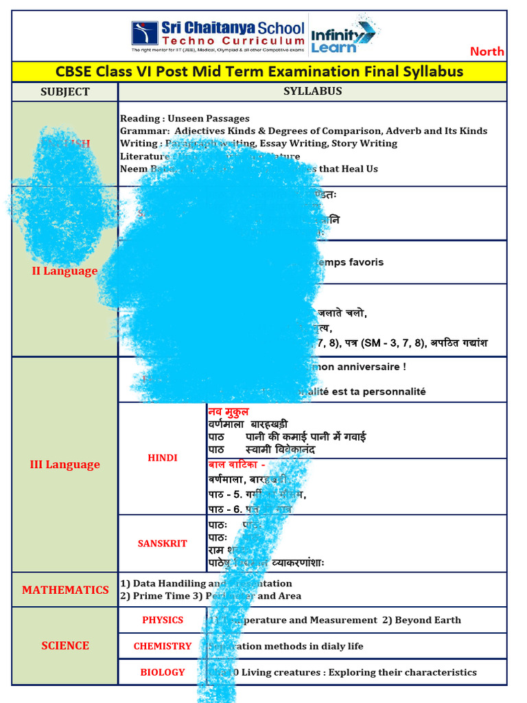 CBSE Class VI Post Mid Term Examination Final Syllabus-North | PDF ...
