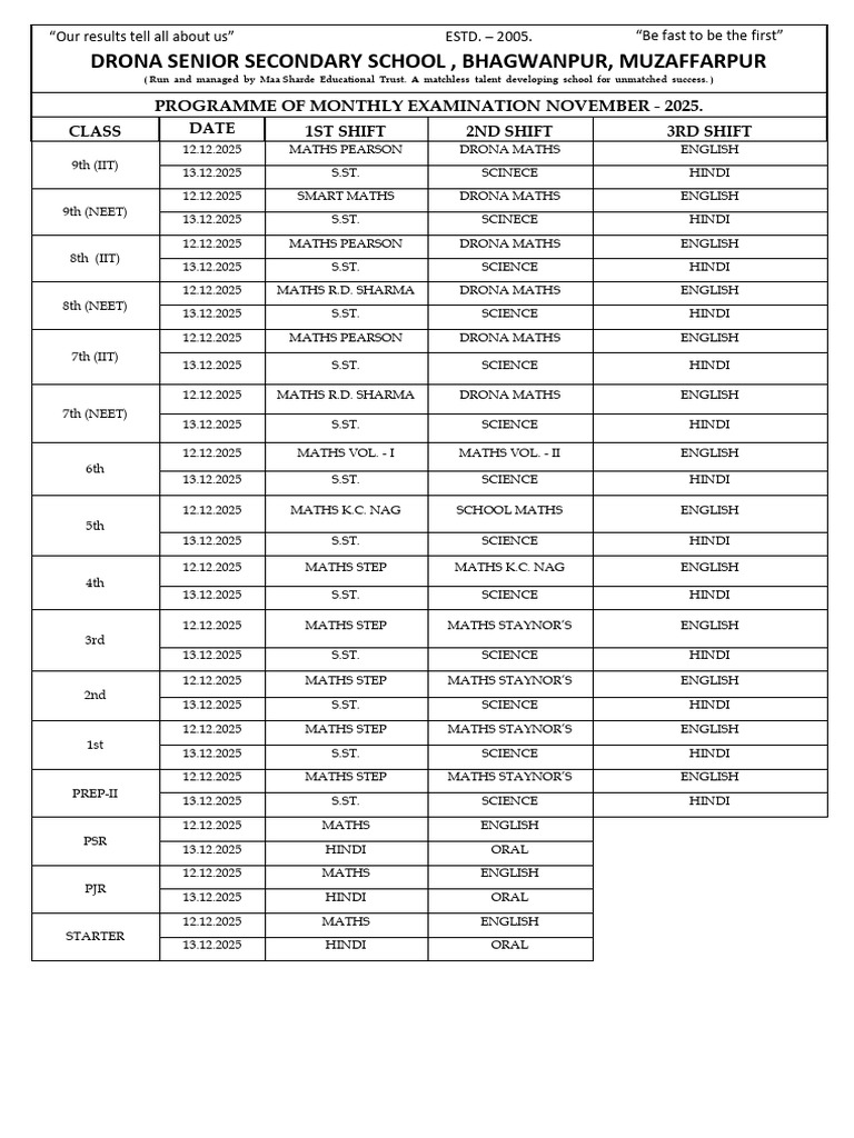 November 2025 Exam Schedule - Drona School | PDF