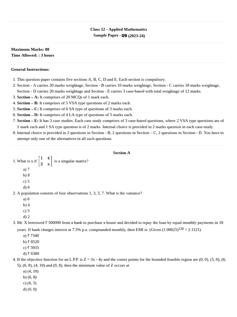 Class 12 Applied Mathematics Sample Paper | PDF | Interest | Loans