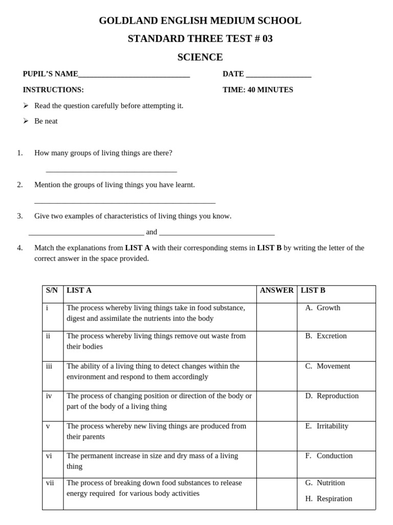 Standard Three Science Test Questions | PDF | Fish | Life