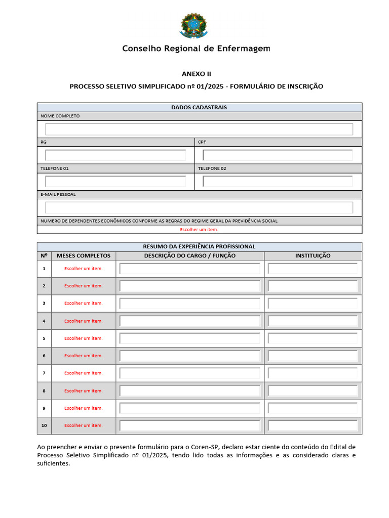 Formulário de Inscrição - Processo Seletivo 2025 | PDF
