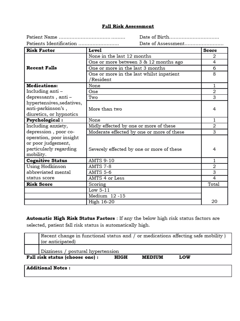 Fall Risk Assessment Tool and Scoring | PDF