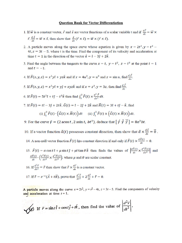 Question Bank For Vector Differentiation | PDF