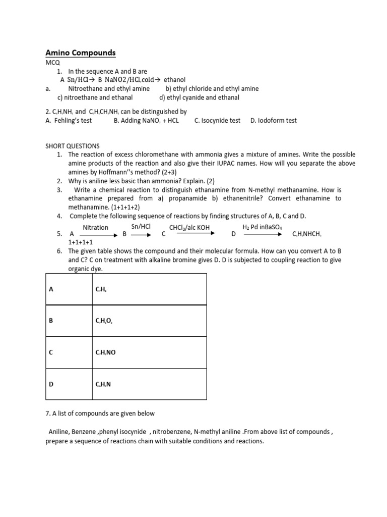 Amino Compounds MCQ and Short Questions | PDF | Amine | Ammonia
