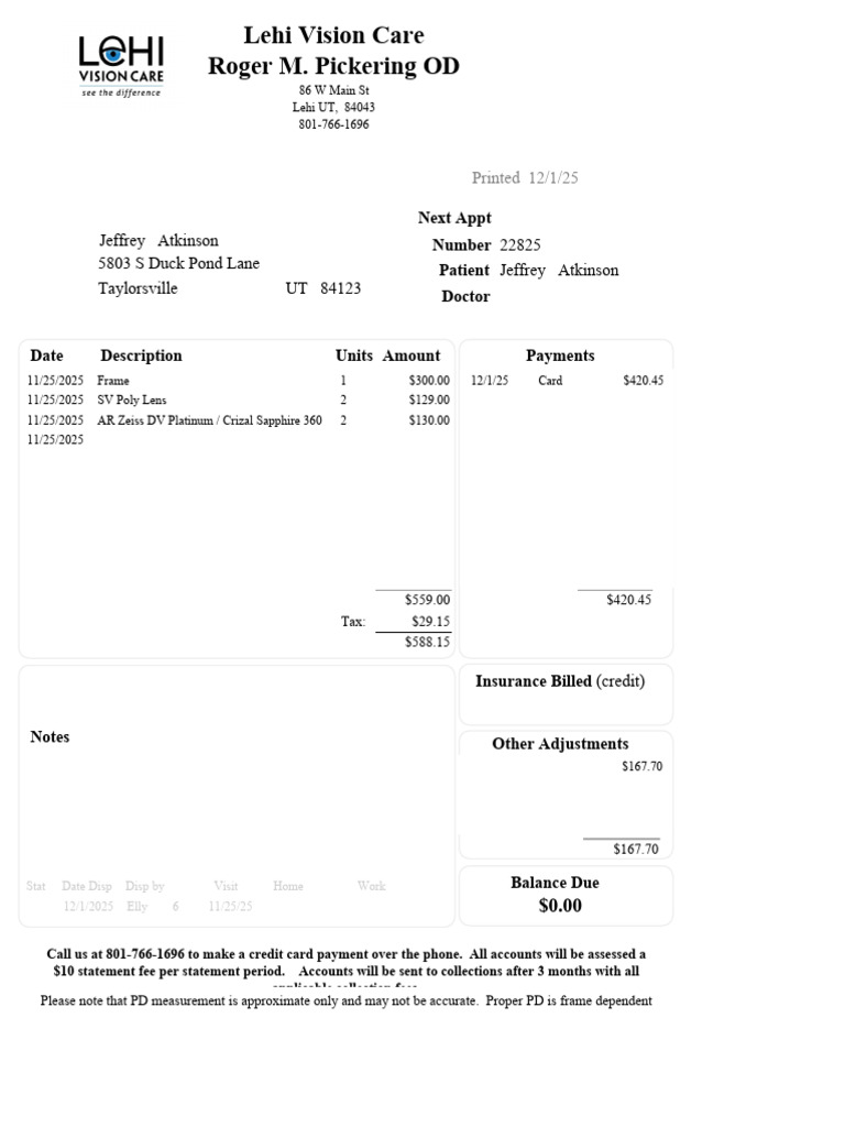 Lehi Vision Care Invoice Summary | PDF