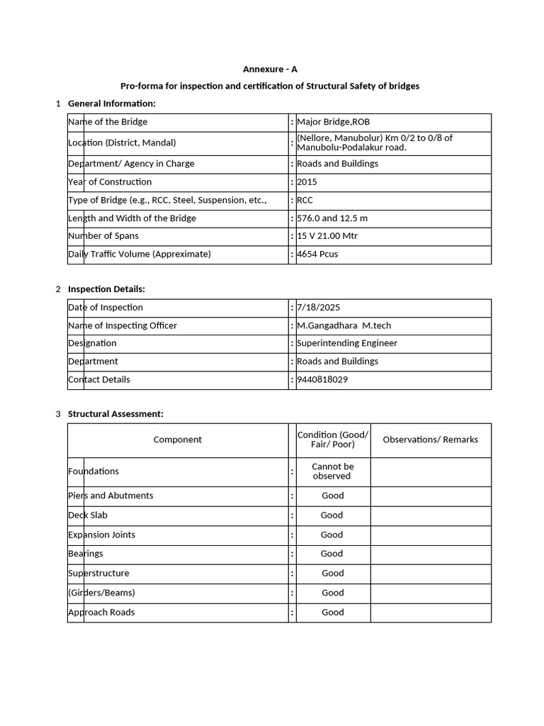 SH Bridges Inspection Report Podalakur & Rapur Manohar 19.07.2025 | PDF ...