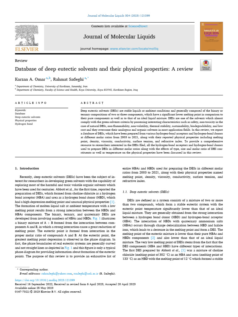 Deep Eutectic Solvents Database Review | PDF | Salt (Chemistry) | Molecules