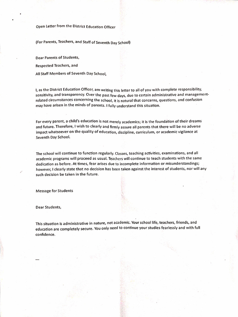 Open Letter From The District Education Officer | PDF
