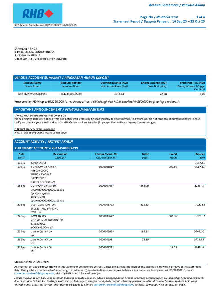 RHB Smart Account Statement Summary | PDF